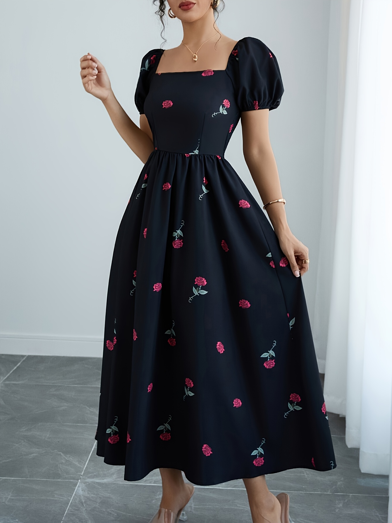 formal black dress with red roses Black Long Prom Dress With Flowers Formal Evening Party Dress Birthday –  formalgowns main image 0