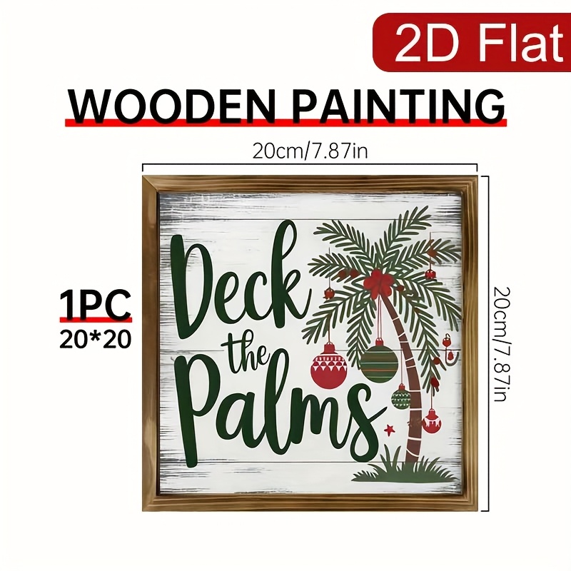 TEMU 2d Flat, 1pc Wooden Sign 'deck ' Rustic 8x8 Inch Farmhouse Decor With Hand-painted Palm Trees & Festive Ornaments, Cozy Indoor Accent For Living