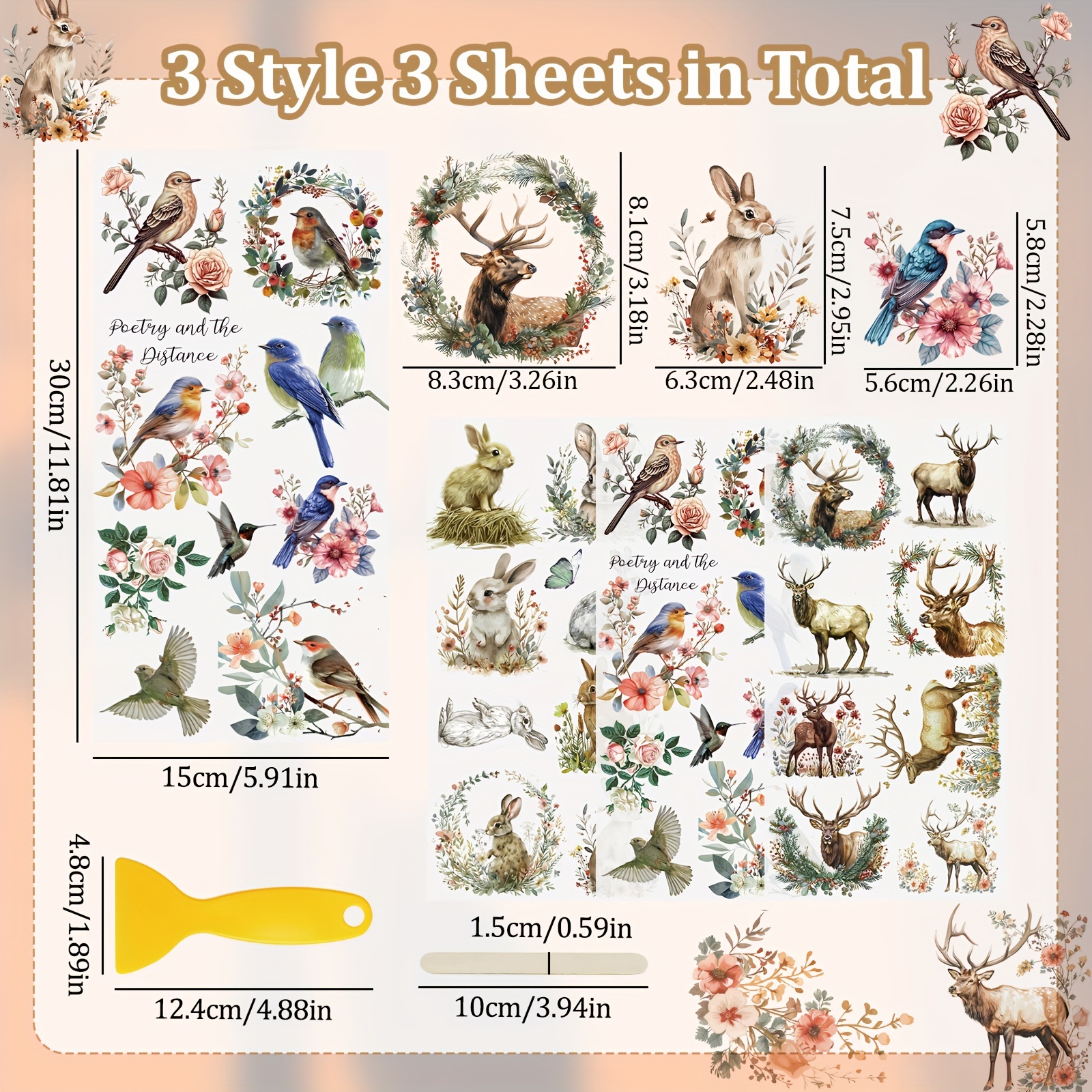 Image of 3 Sheets Rub On Transfer Sticker, Animals Theme Stickers Waterproof Transfer Decals For Scrapbooking Photo Albums Furniture, 5.9 * 11.8in