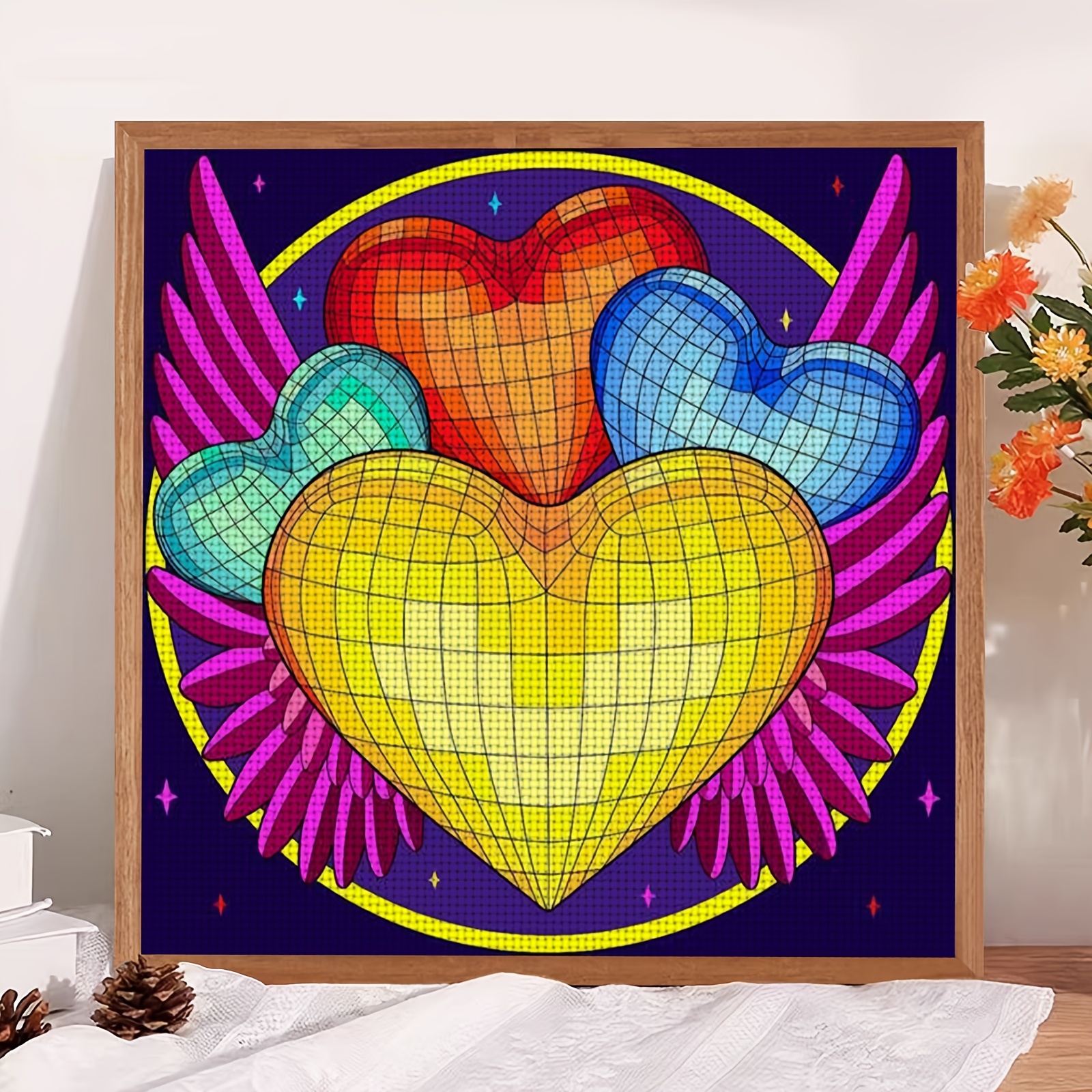Cross-Stitch Printing Kit, Colorful Winged Grid Heart Design for Beginners