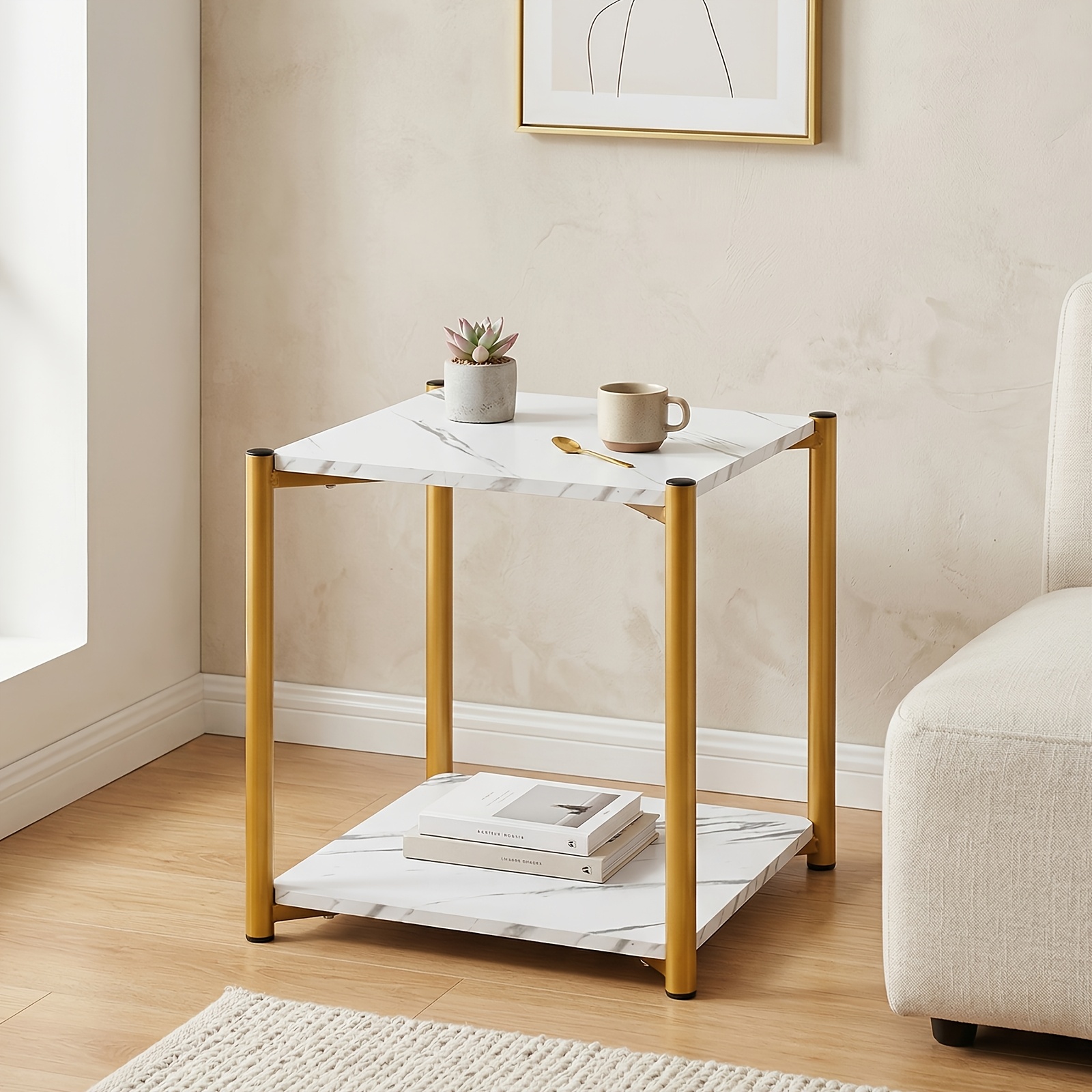 Square Side Table, 2-tier White Steel Wood End Table With Upper And Lower Partition Storage Doubled, Marble Texture, Sturdy No Shaking, For Living Room Sofa Side