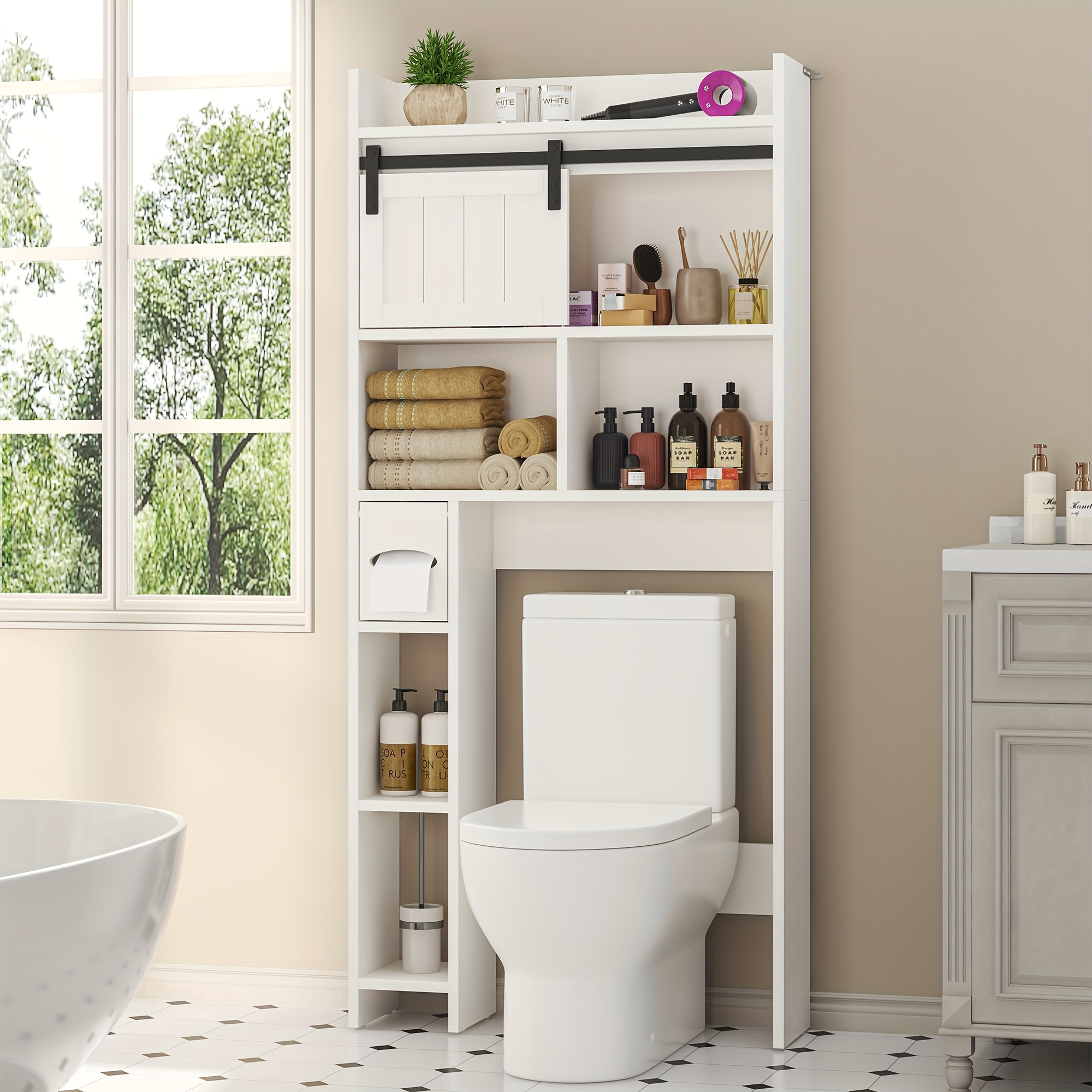 TEMU Free-standing Over The Toilet Storage Cabinet With 2 Sliding Doors & Toilet Paper Holder - -saving Shelf Unit, Assembly For Small Bathrooms,