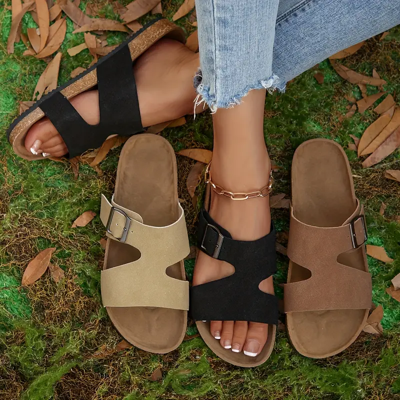 womens casual slip on flat sandals soft cover fabric with adjustable ankle strap lightweight breathable summer shoes black with golden accents comfortable for casual attire open toe design durable tpr sole Product details 0