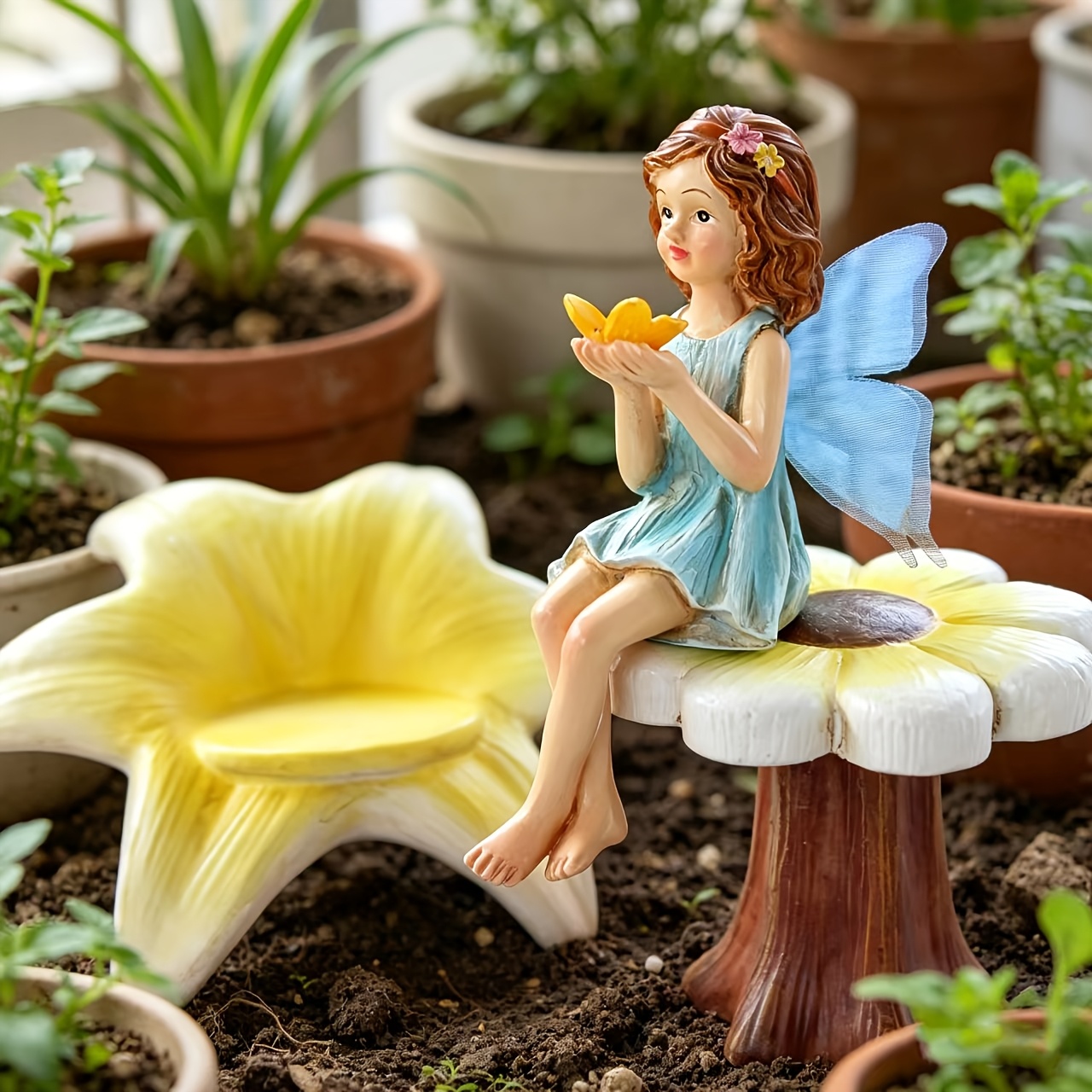 TEMU 3-inch Outdoor Fairy Figurine Set Of 3pcs, Sitting Fairy, Equipped With A Table And Chair With Butterflies And Flowers. Suitable Additions For