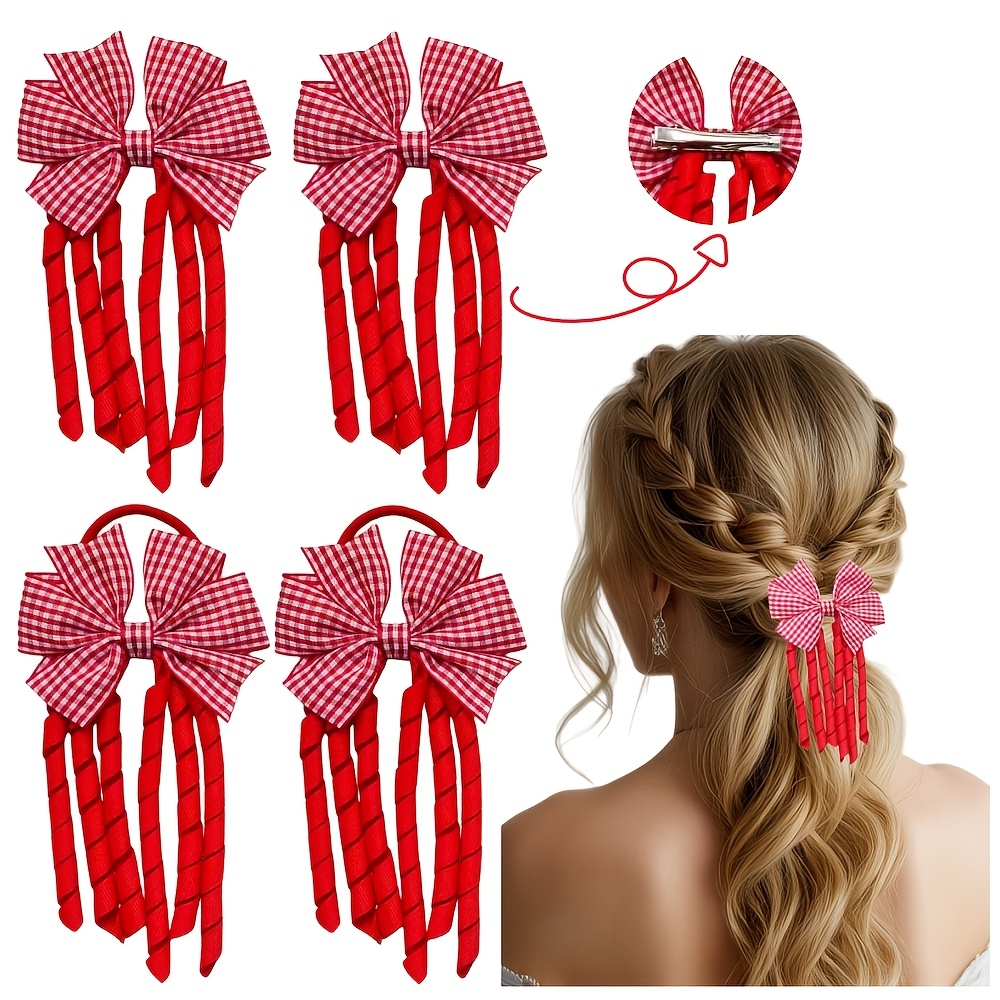4pcs set   windmill bow short tassel hair tie and hair clip set 15cm classic   pattern bow curly satin ribbon tassel hair accessory set 11 color multicolor bow mini curly ribbon hair ties and hairpins school uniform cheerleading stage