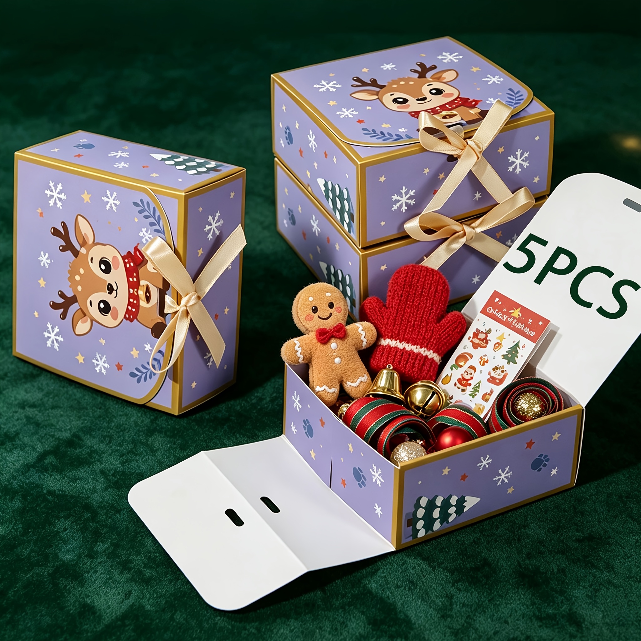 TEMU 5pcs/cute Reindeer Christmas Gift Boxes, Xmas Bow Paper Packaging Boxes, Holiday Party Favor Storage Boxes For Xmas Decor