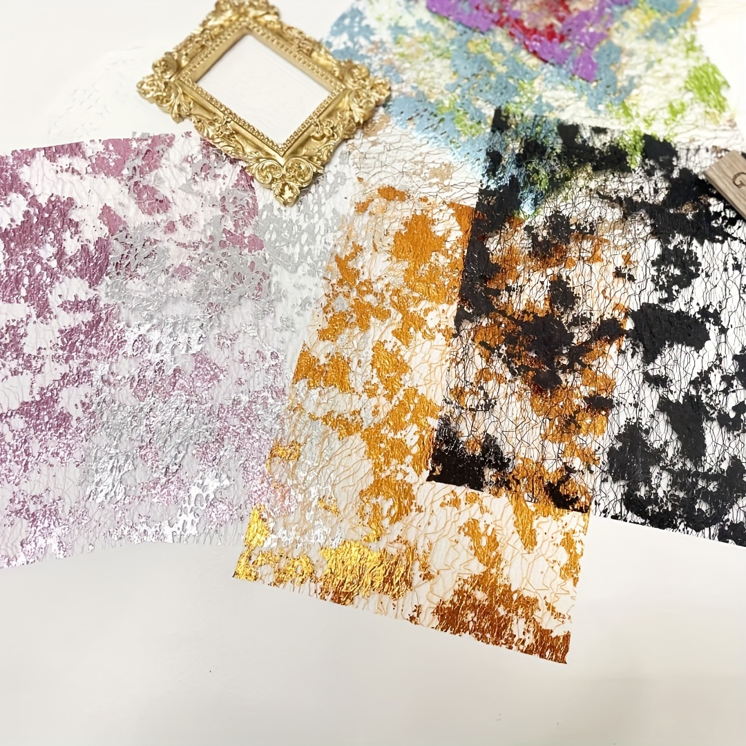 

5pcs/10pcs Colorful Golden Foil Lace Gauze Art Paper Scrapbooking Decorate Diy Junk Journal Planner Collage Background Paper Material 14cm*21cm