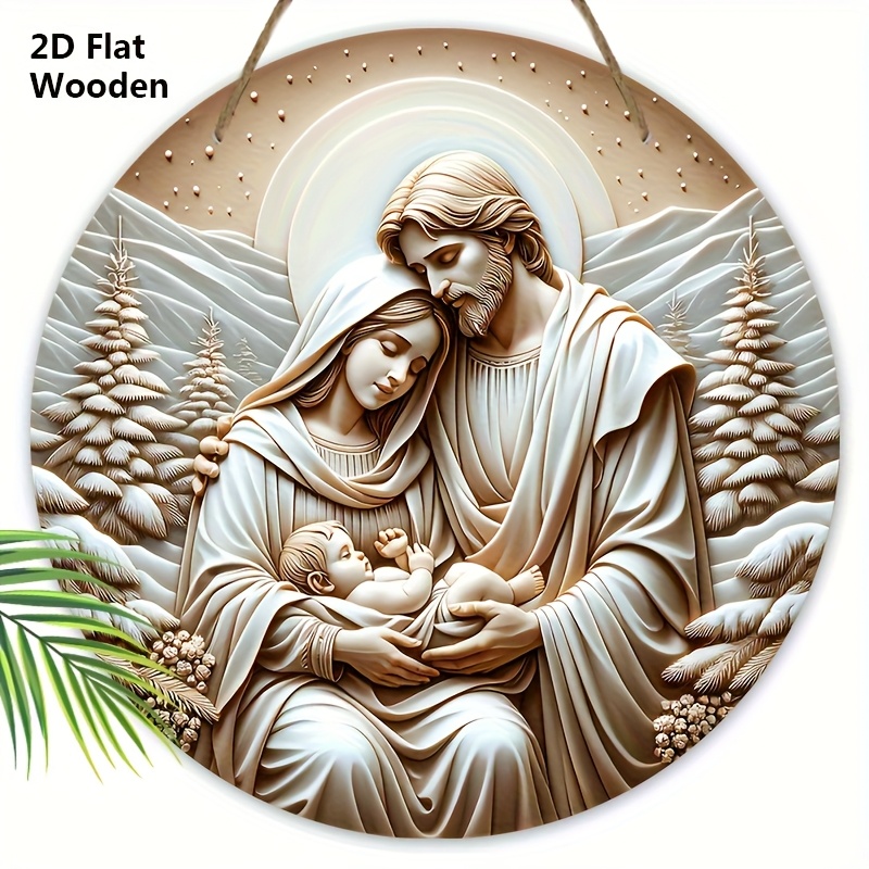 TEMU 2d Flat, 2d Flat Nativity Wooden Sign - Rustic Religious Christmas Decoration, Mary & - Heavy-duty Wooden Plaque For Church, Home, Front Door