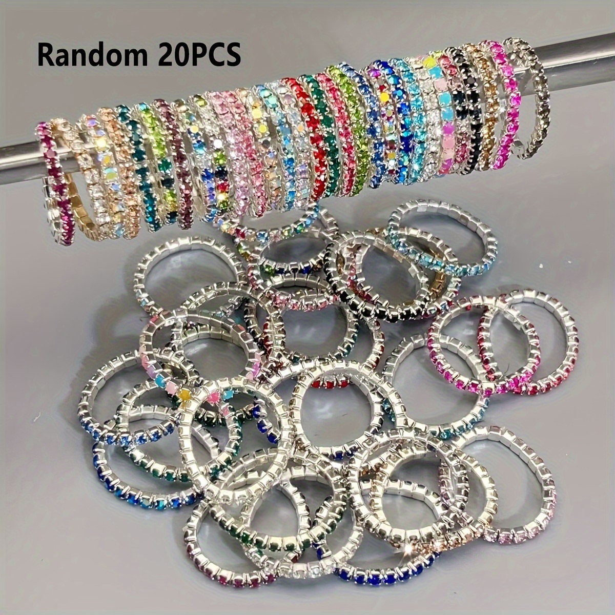 5/6/10/20pcs Rhinestone Shiny Stretchable Stackable Women's Rings - Random Colors