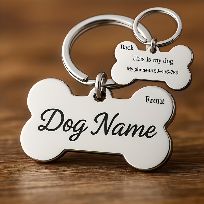 TEMU 1 pièce Pendentre-porte-clés os de chien personnalisé, Étiquette - gravée avec nom de l'animal, date et numéro de téléphone, Cadeau durable pour