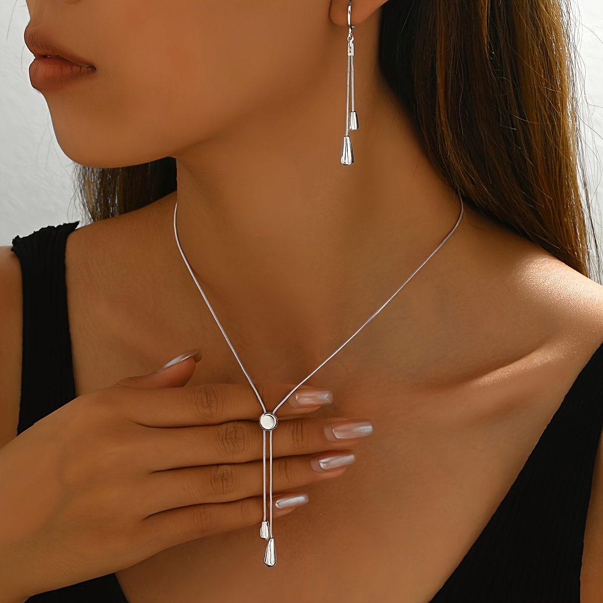 TEMU 2pcs Women's Fashion Simple Adjustable Chain Pendant Necklace Set Snake Bone Thin Chain Teardrop Pendant Earrings Dangle Drop Teardrop Earring