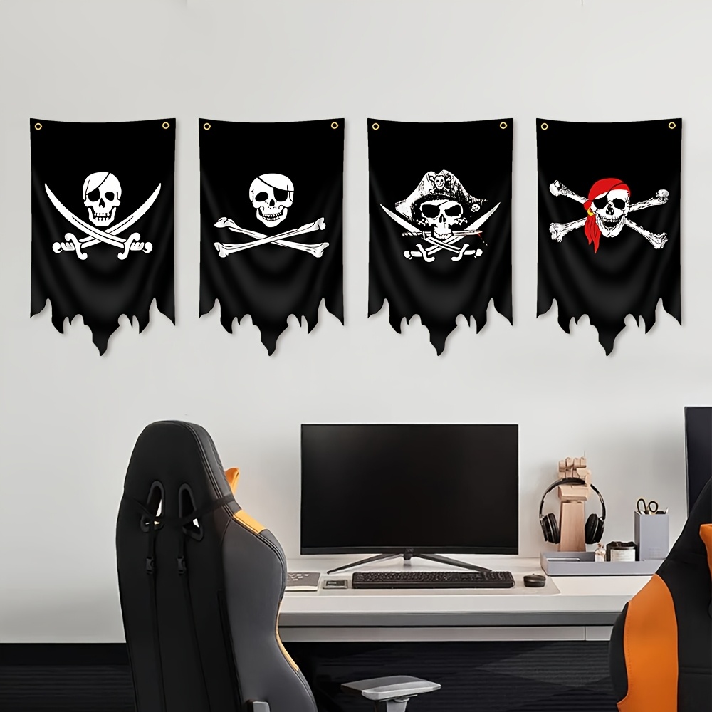 

4-pack Pirate Banners, 12x20inch Polyester, One-side Print, 2 Grommets, Multipurpose Decor For Dorm, Party, Home, Garden, Universal Holiday Decor, No Electricity Needed