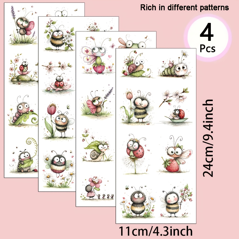 E-shop 4er-Set UV-Transfer mit Aquarell-Insekten- & Blumenmuster-Thema – für DIY-Bastelarbeiten, Tassen, Laptops & Wasserflaschen, selbstklebender