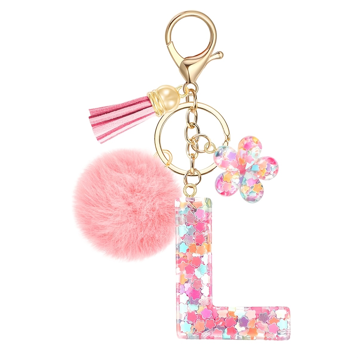 Ladies' Initial Keychain, Cute Pink Flower Resin Letter Keyring, Sequin Flower Bag Charm Pendant