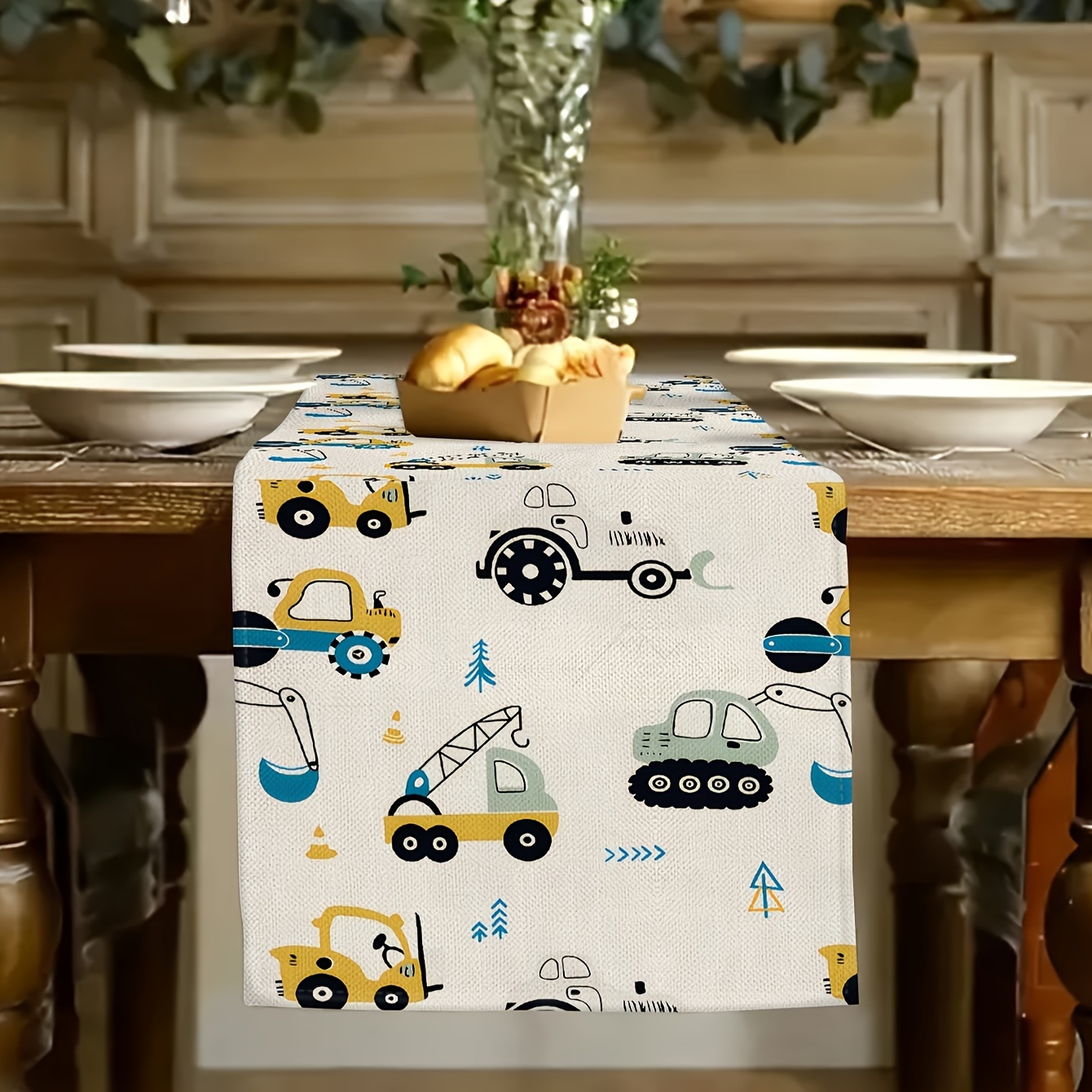 

Polyester Construction Vehicle Table Runner – Machine Made Decorative Tablecloth For Home, Kitchen, Indoor & Outdoor Use – Charming Cartoon Excavator Design For General Occasions, 1 Piece