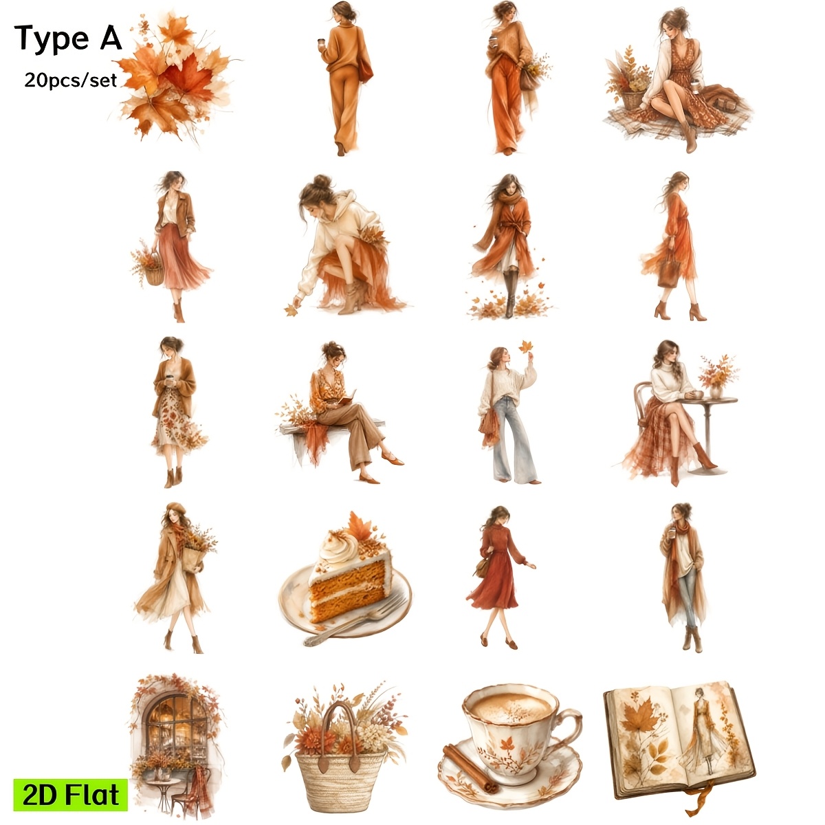 TEMU 2d Flat 20pcs/set Retro Creative Handmade Fashion Autumn Women Coffee Window Stickers Suitable For Garbage Diary Notebook Decoration Handmade