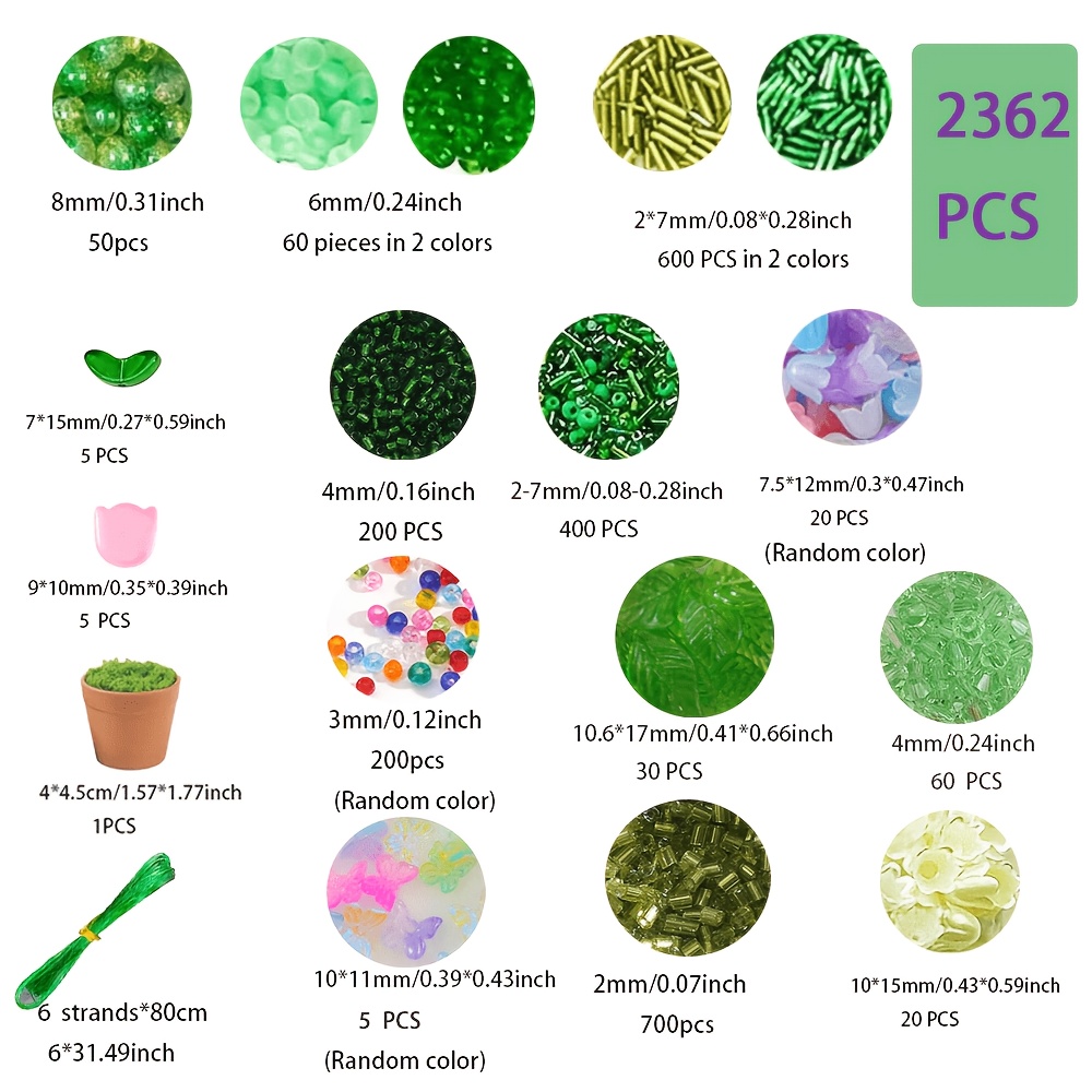 TEMU Ensemble de plantes en perles de de 2362 pièces, Ensemble de plantes , Perles vertes avec fil métallique et mini pots pour la de plantes, Perles