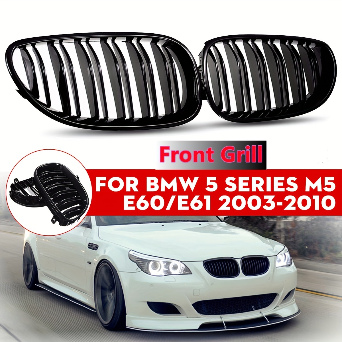 

Convenable pour BMW Série 5 E60 M5 E61 520I 535I 2003-2010 Grille en Grille de couverture Mesh Double ligne Brillant Noir