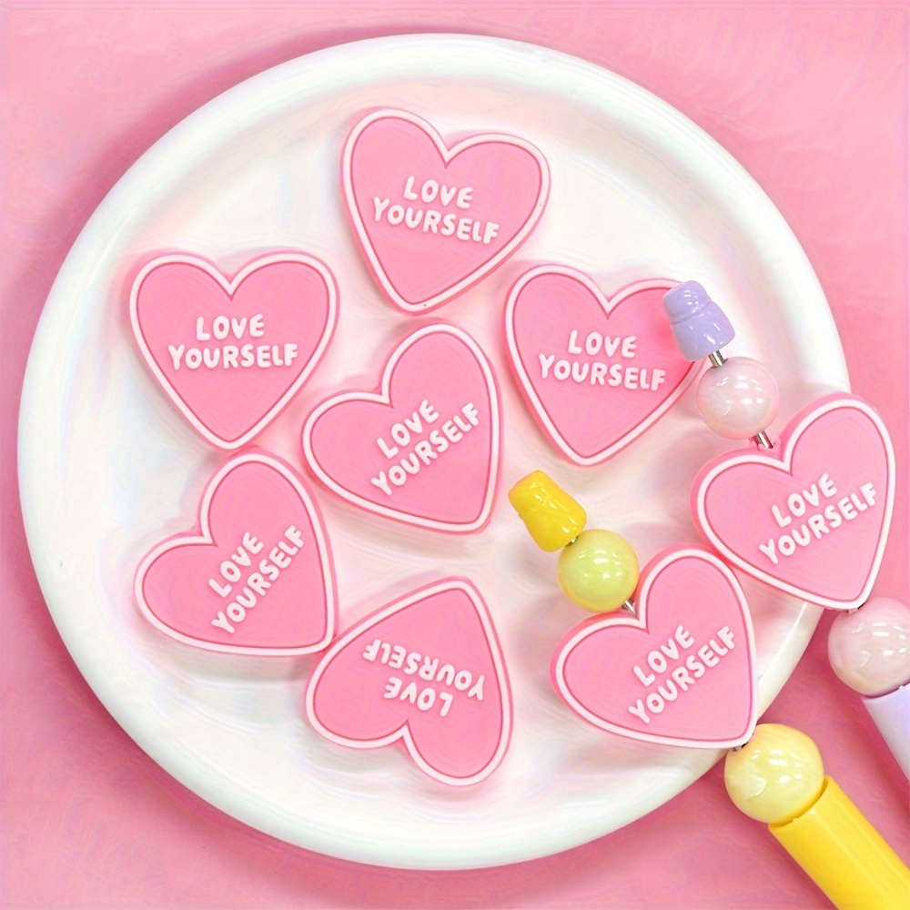 

10pcs Heart-shaped Pvc/plastic Beads, "love Yourself" Phrase, Diy Keychain Pen Crafting Supplies, Art & Craft Jewelry Making Decorative Beads