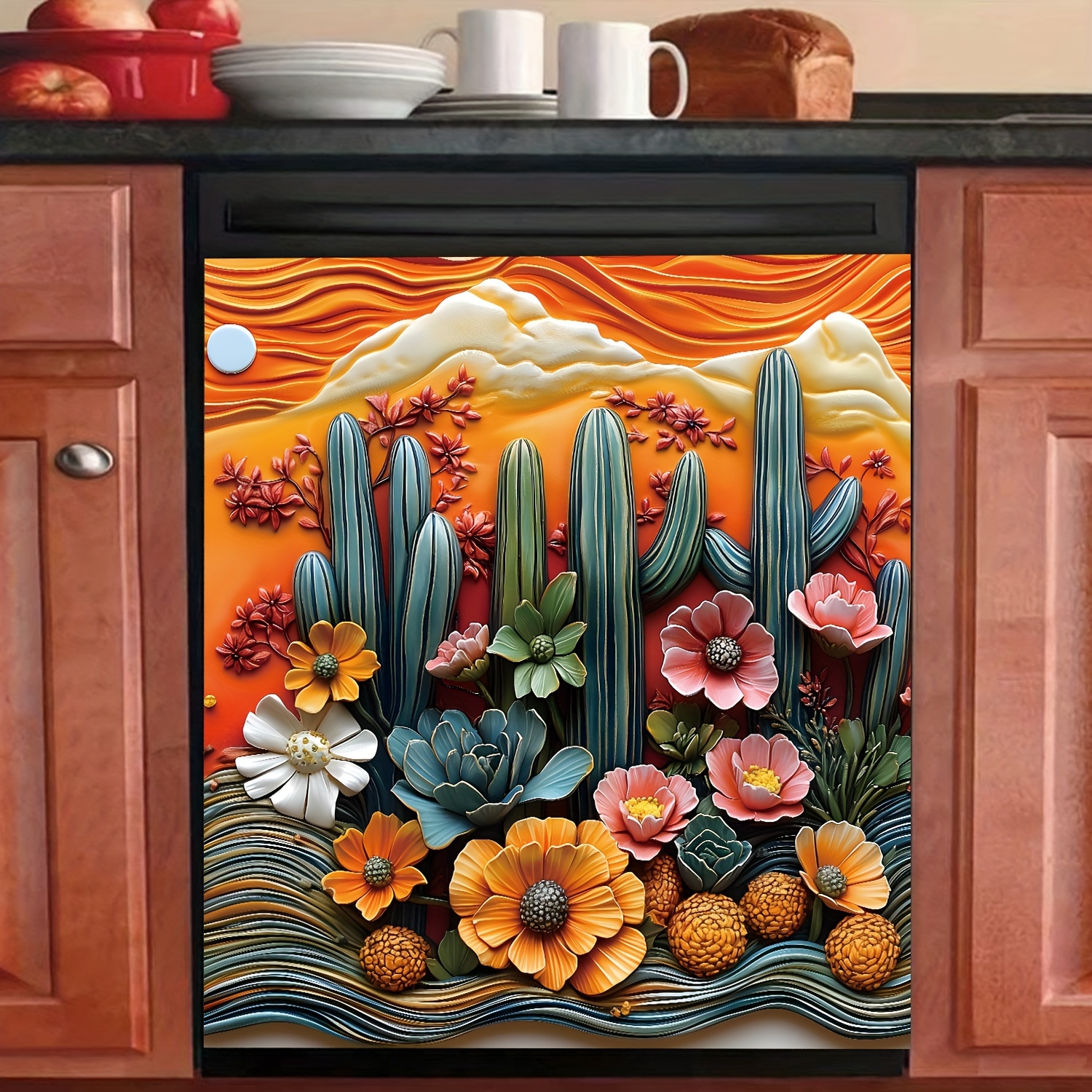 

1pc Magnetic Cactus Dishwasher Cover - Vinyl Floral Art Print Decor For Kitchen Appliances, Portrait Orientation, Indoor Fashion Theme, Rectangle, Easy To Clean & Apply, 23.03x25.59 Inches