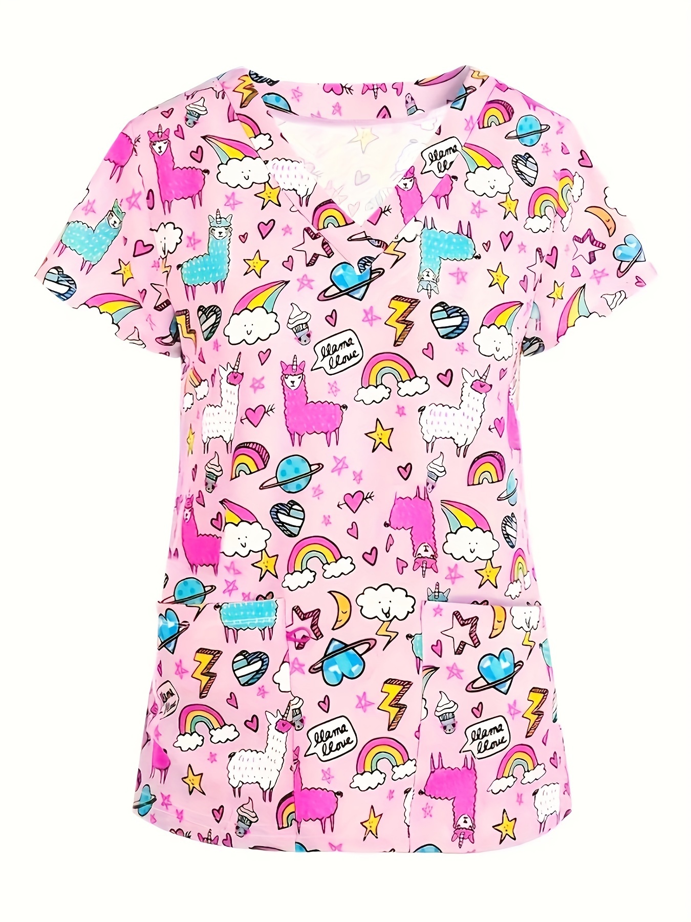 Karikatür Baskılı V Yaka Cerrahi Üst, Rahat ve Fonksiyonel Sağlık Çalışanı Üstü, Hastanelerde ve Diş Hekimliği Ofislerinde Çalışmak İçin Mükemmel, Kadın İş Giysileri