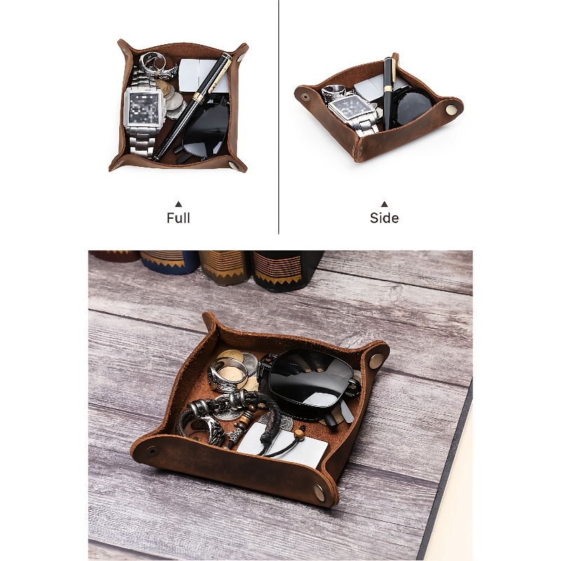 handcrafted   genuine leather square desktop organizer in deep brown featuring 4 snap closures and rounded corners this portable bedside desktop storage box serves as a versatile multi purpose organizer for keys wallets jewelry and small Product details 5