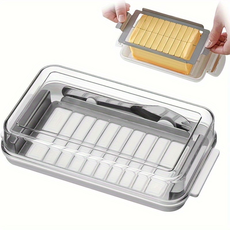 

1pc, Butter Cutter Box, Butter Box, Stainless Steel Metal Saucer With Transparent Cover, Creative Butter Dish, Butter Keeper With Cutter, Kitchen Stuff, Kitchen Gadgets