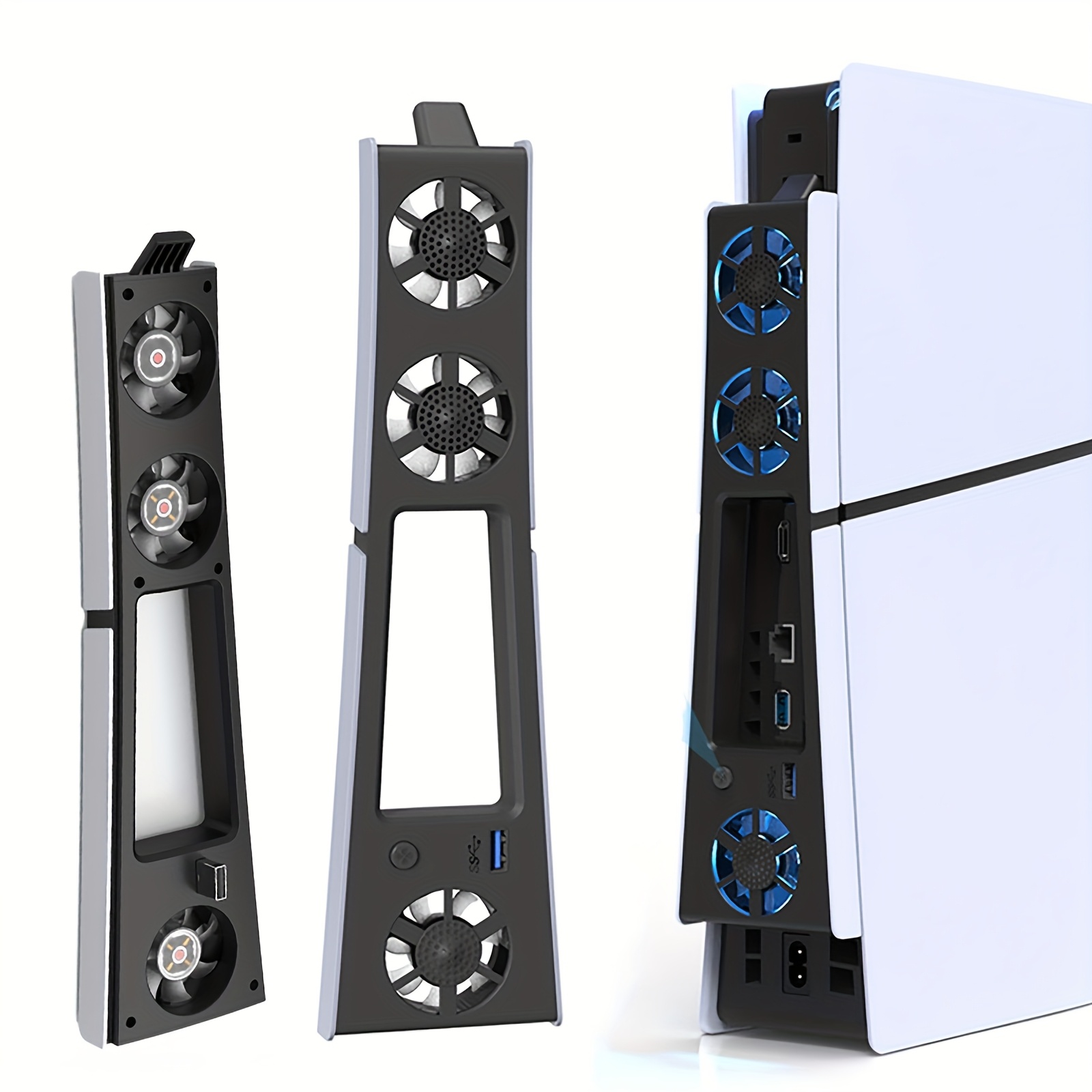 مروحة تبريد عالية الكفاءة للتحكم في درجة الحرارة لجهاز PS5 Slim، 2 سرعات قابلة للتعديل، نظام تبريد فعال مع 3 مراوح عالية السرعة، USB 3.0، ضوضاء منخفضة، إضاءة LED، متوافق مع نسخة PS5 Slim الورقية/الرقمية (غير متوافق مع PS5 Pro)