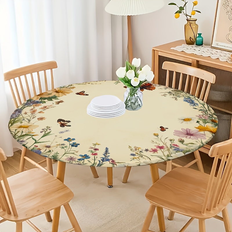 TEMU 1pc And Pattern Round Tablecloth With , 48 Inches, Wipeable Polyester Material, Outdoor Dining Table Cover, Suitable For Picnics, Camping,