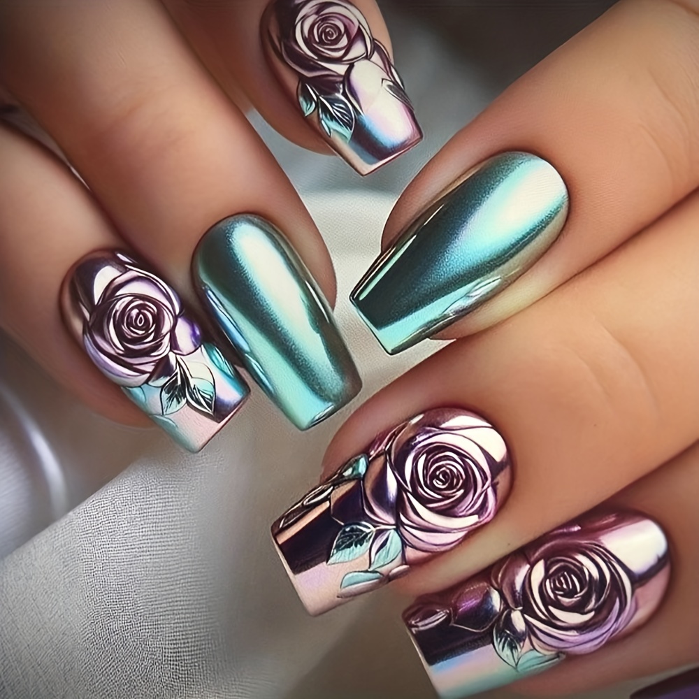 TEMU 24 Faux Ongles de Ballet Moyens, Ongles Électroplaqués avec Fleurs Roses, Patch d'Ongles Lumineux Amovible