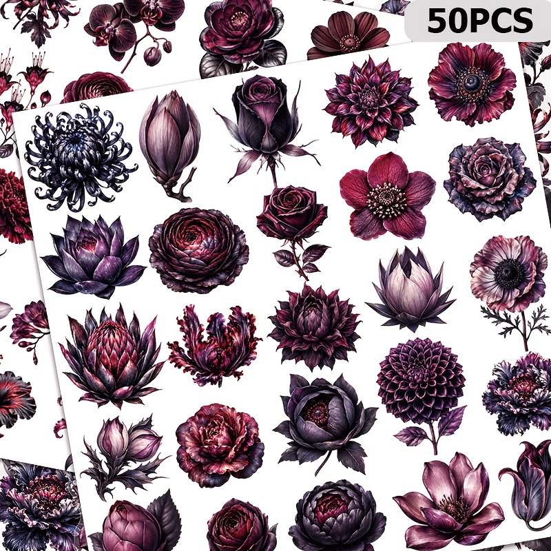 TEMU 50-teiliges Vintage-Blumenaufkleber-Set in dunklen , transparente PET-Aufkleber mit dunkellila Rose im Gothic-Stil, geeignet für Scrapbooks,