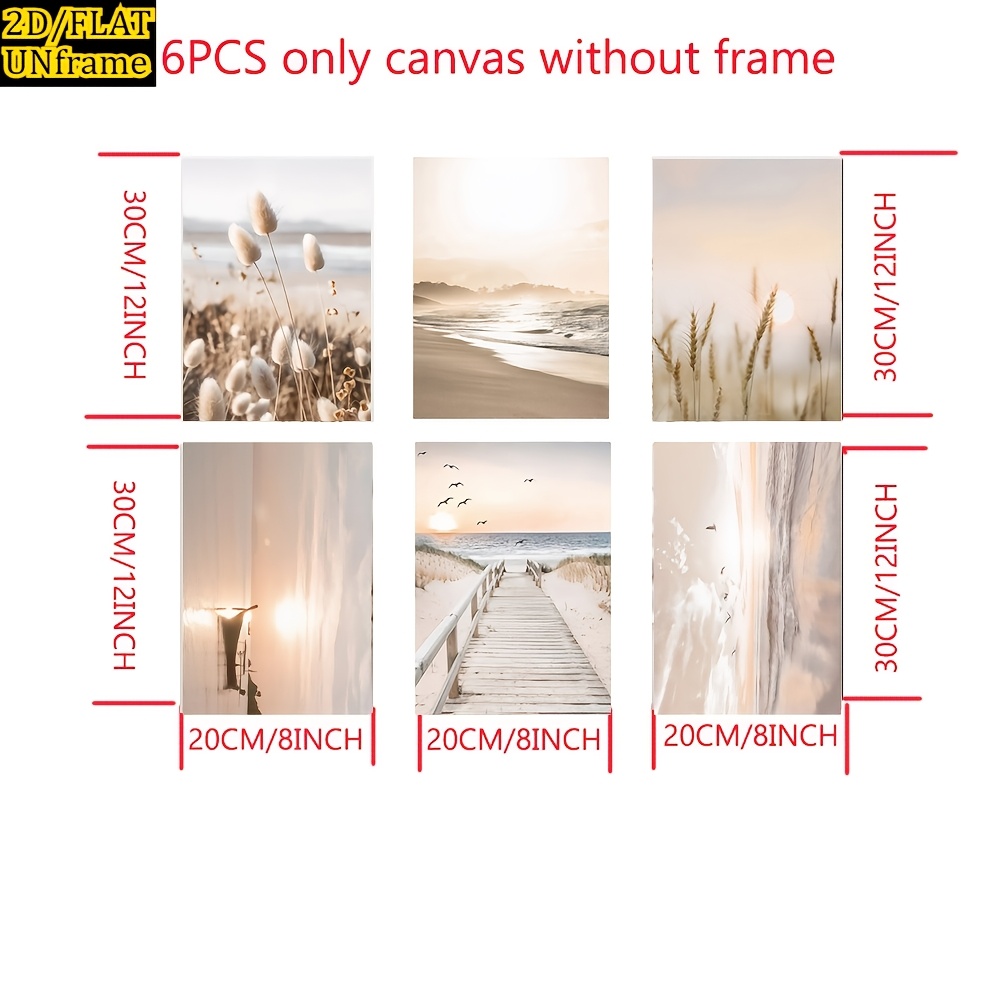 TEMU 6pcs 6pcs Beige Landscape Canvas Wall Art Set - Sunset Ocean, Beach Prints, Bird & Pampas Grass Reed Canvas Paintings, Modern Bohemian Style, ,