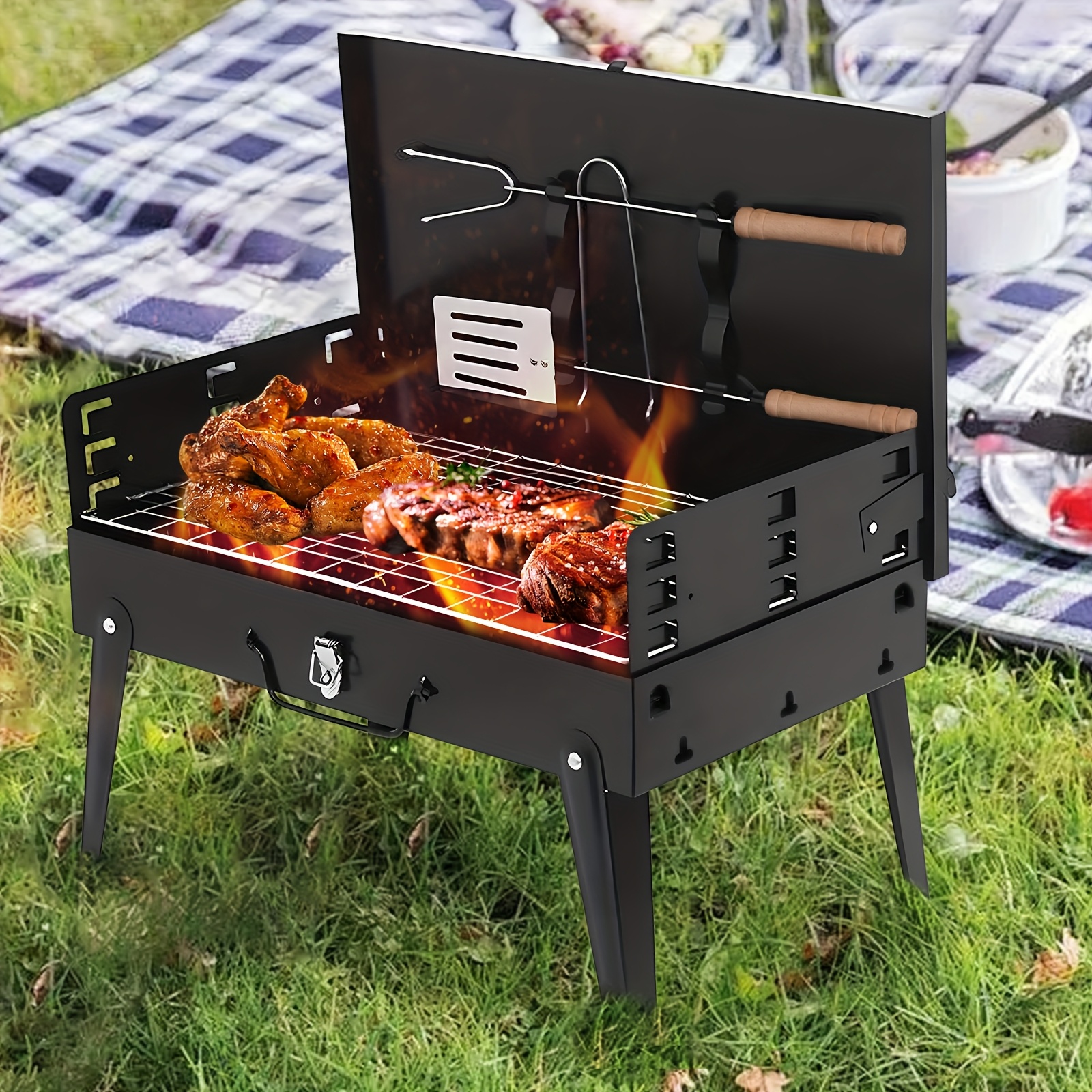  portable charcoal grill with wind shield compact folding bbq for outdoor picnics backyard cooking accessories details 2