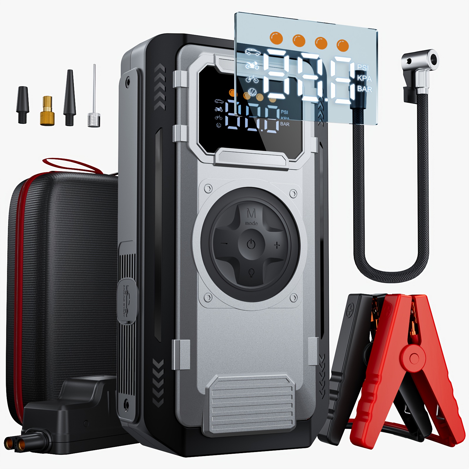 E-shop Tragbarer Autostarthilfe mit Luftkompressor, 44,4Wh 12000mAh Powerbank, Autobatterieladegerät für bis zu 8,0L Benzin/7,0L Diesel,