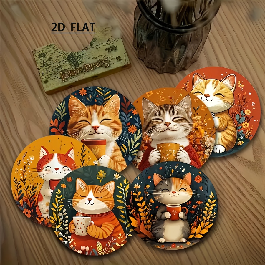 TEMU 2d Flat 6pcs Garden Fantasy Cat Cup Holder Wooden Coasters- Colorful Art Home Decor Drink Mats, Heat Resistant And Non-slip, Suitable For Coffee