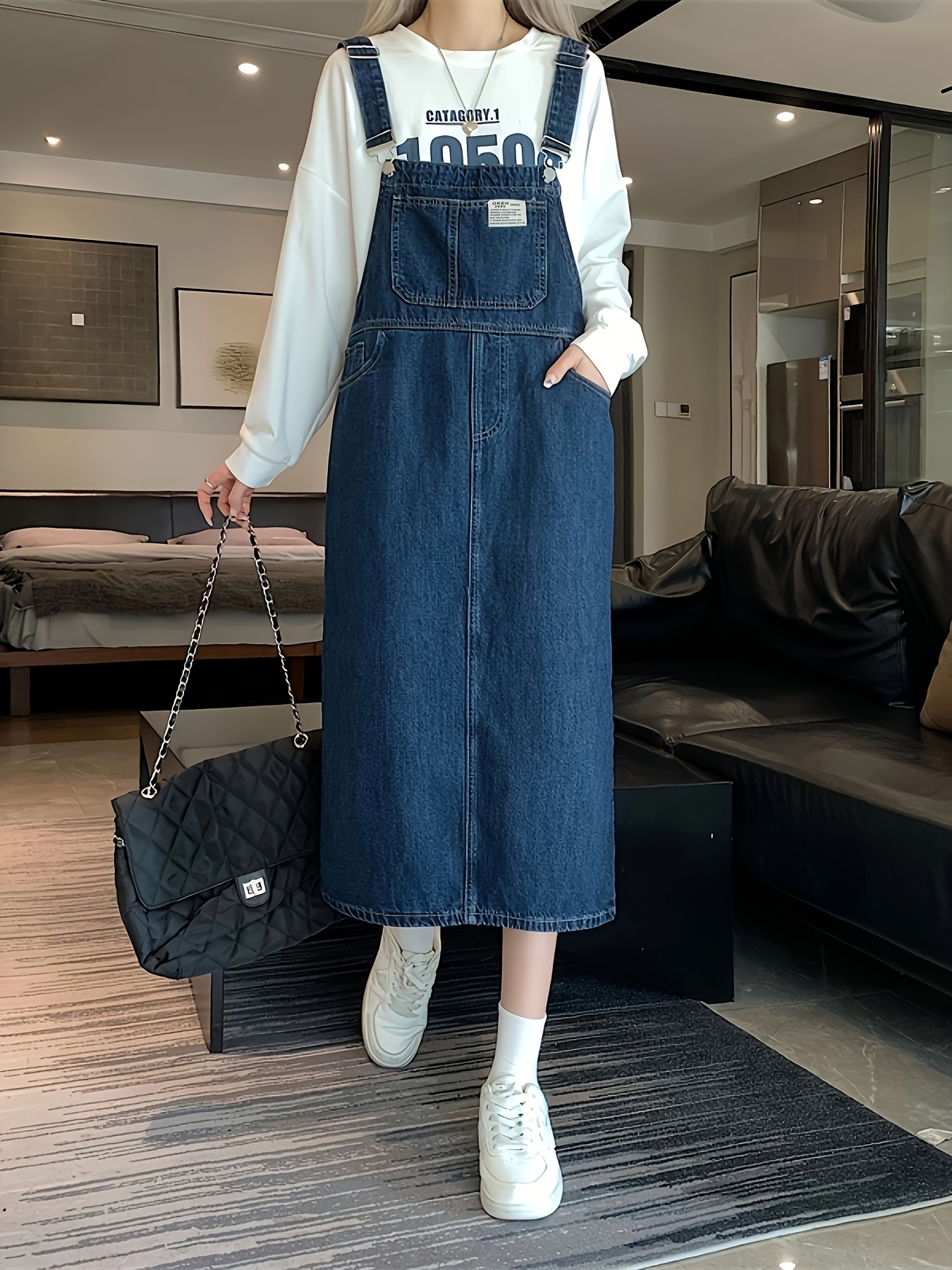 women's black denim overall dress loose fit long Temu Kuwait