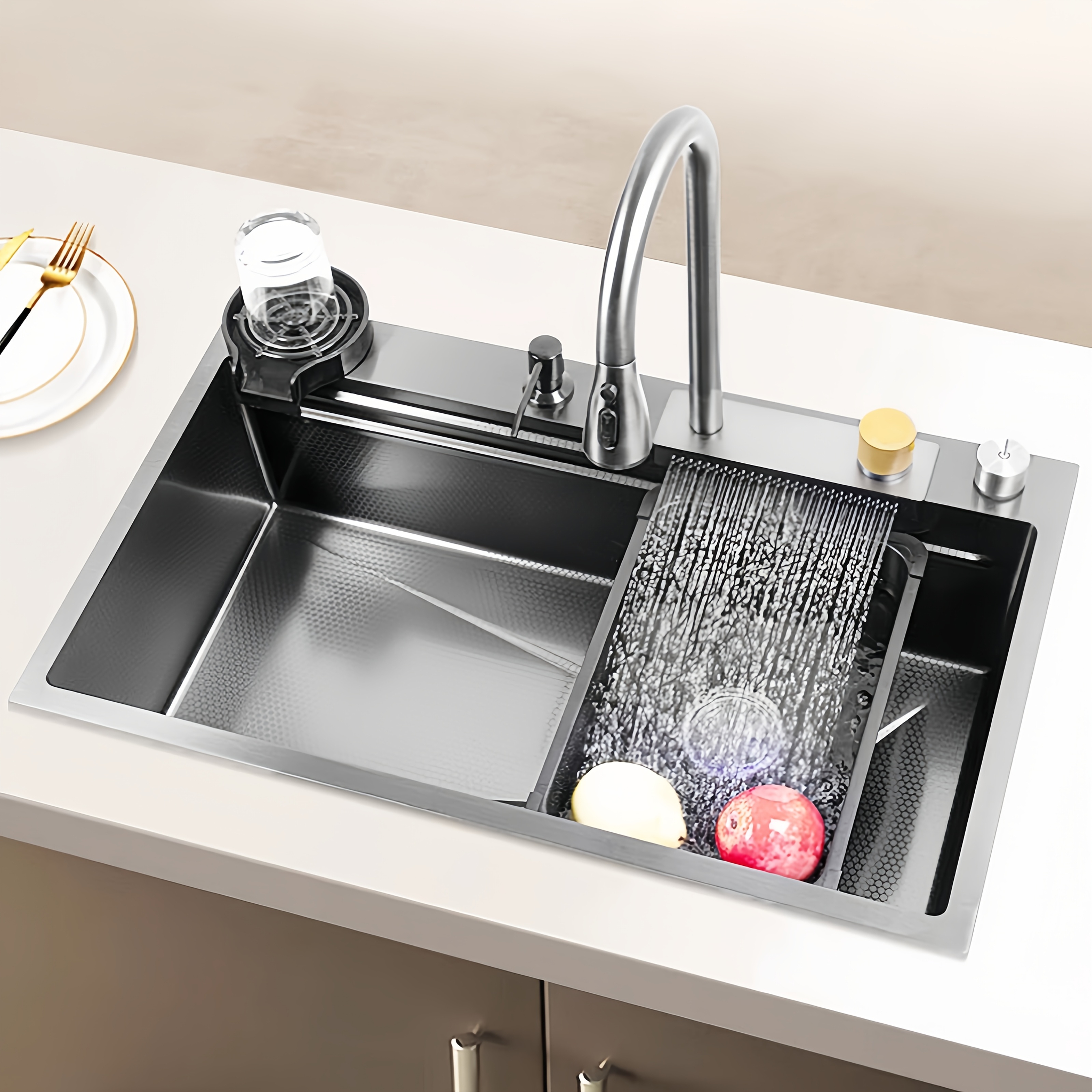 A Set of Scissor-style Flying Rain Waterfall Sink / Nano Coating / Honeycomb Embossed Texture / Oil Drainage for Easy Cleaning / Scratch-Resistant and Wear-Resistant / Household Kitchen Vegetable Washing Basin / Dishwashing Sink / Dimensions