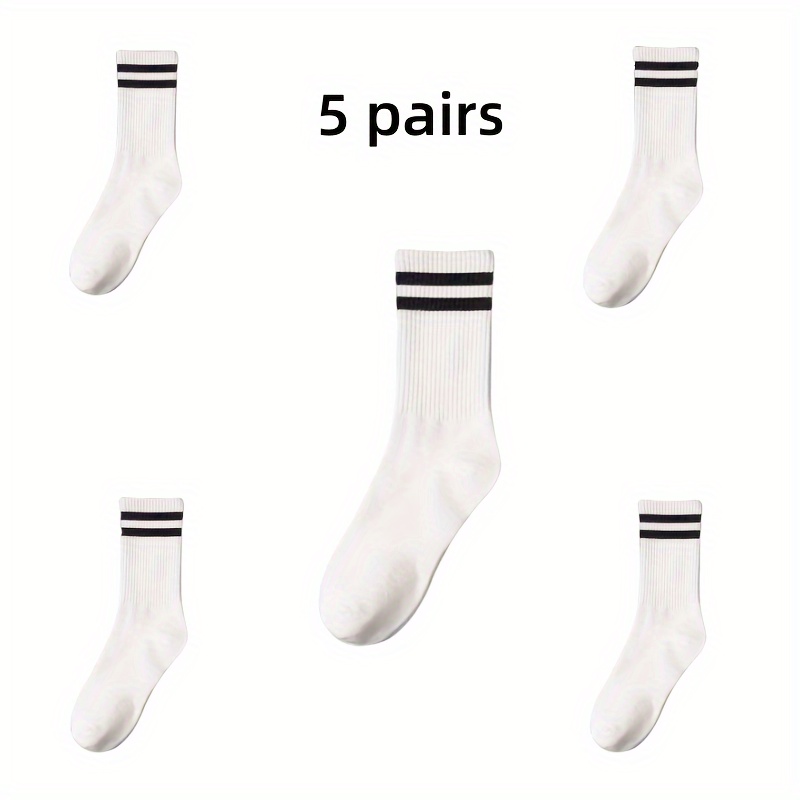 TEMU 5 Pairs Of Men's Solid Colour & Striped Anti Odor Crew Socks, Comfy Breathable Casual Soft & Elastic Socks, Spring & Summer