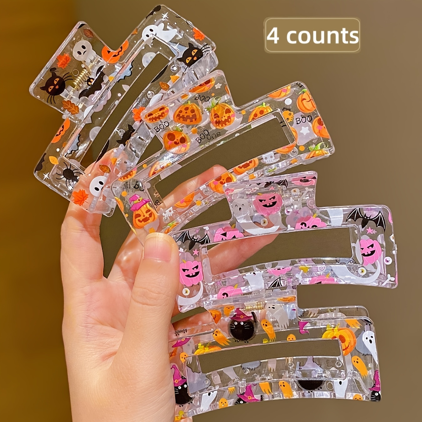 TEMU 4pcs New Printed Square Transparent Claw Clips, Halloween Pumpkin Pattern Hair Clips For Women, Back-of-head Updo Shark Clips, Hair Accessories