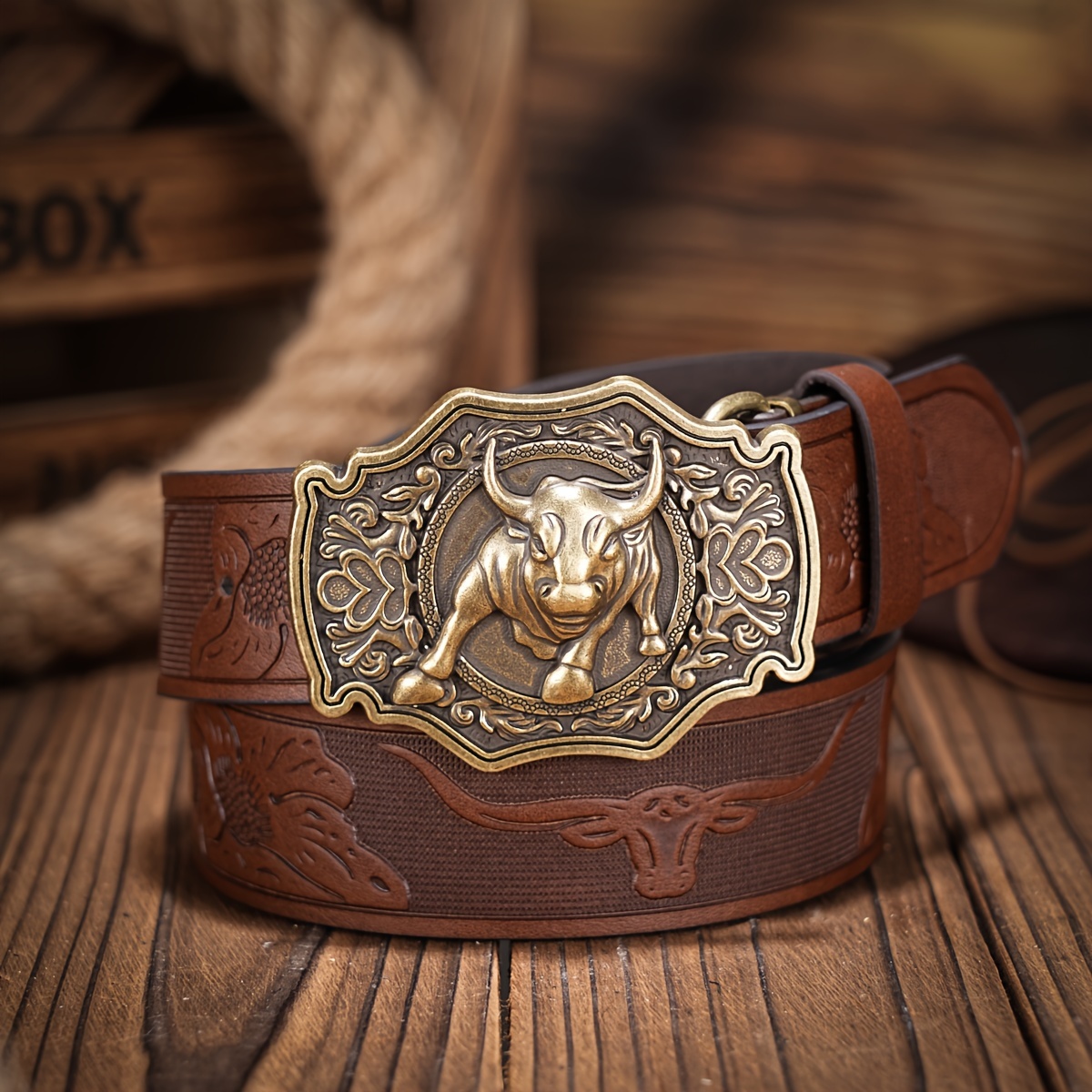 Western Cowboy Belts for Men Women - Bull Floral Engraved Belt