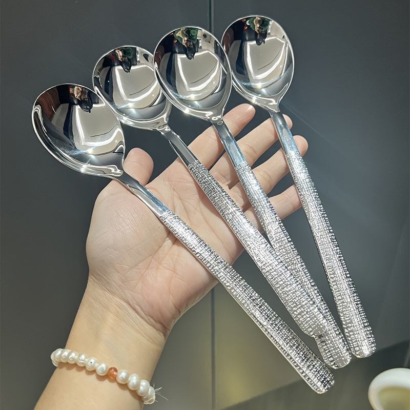 4pcs Ice Grain Spoon Soup Spoon Stainless Steel Hammer Grain Long Handle Spoon Eating Western Spoon