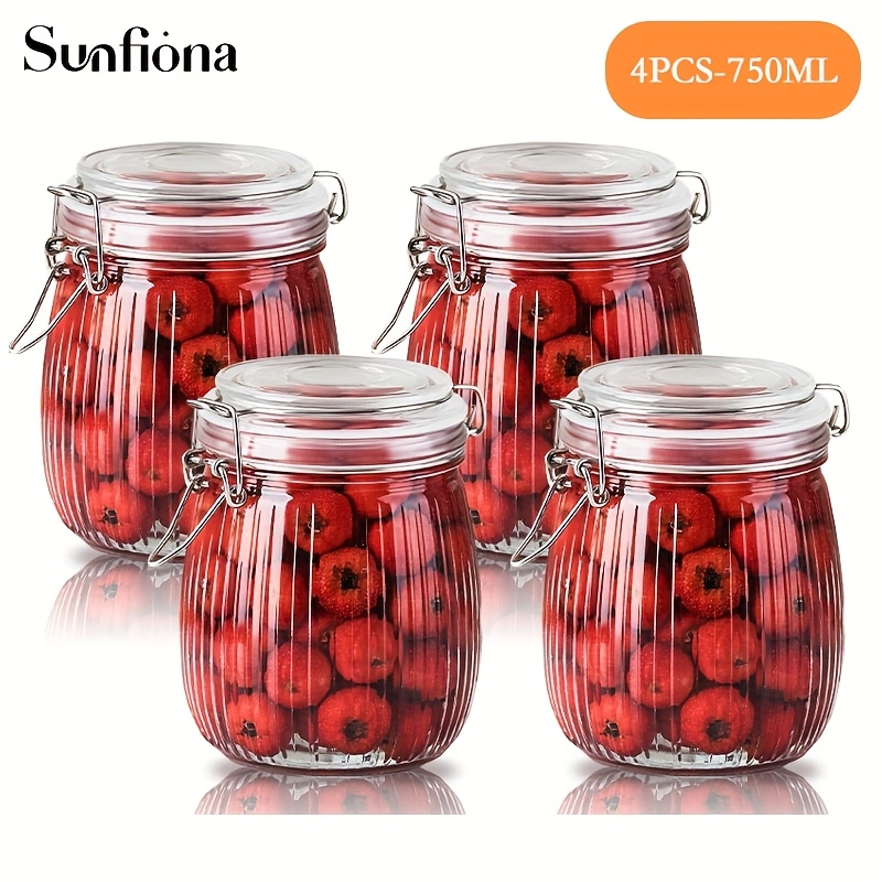 Image of Sunfiona 4-pack Glass Sealed Jars With Latch Lids, Multipurpose Round Food Storage Containers, Freezer & Dishwasher Safe, Ideal For Cucumber, Pepper, Honey Preservation, No Electricity Needed