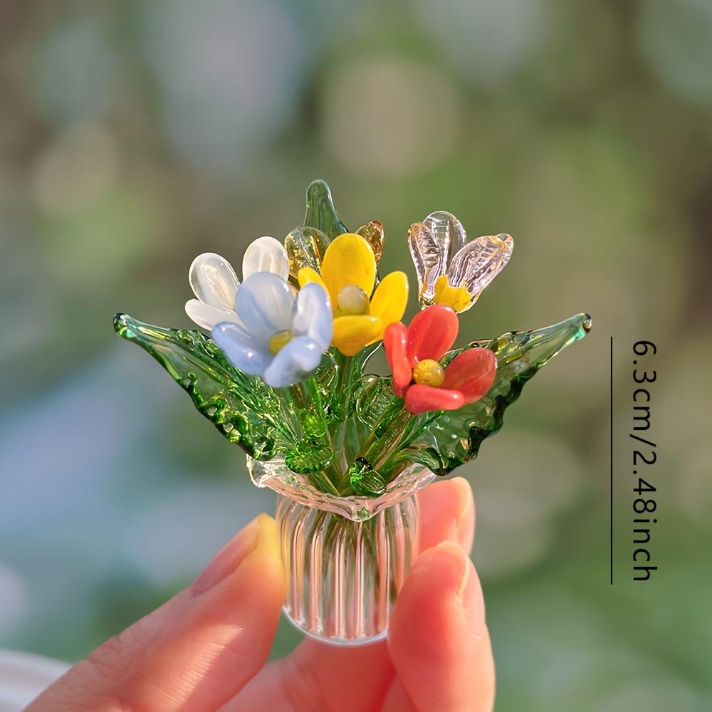 E-shop 10er-Set handgefertigte Mini-Blumen-Dekorationsfiguren aus Kristallglas, Mini-Blumen-Statuen-Set, inklusive 6 Mini-Blumen, 3 Blättern und 1