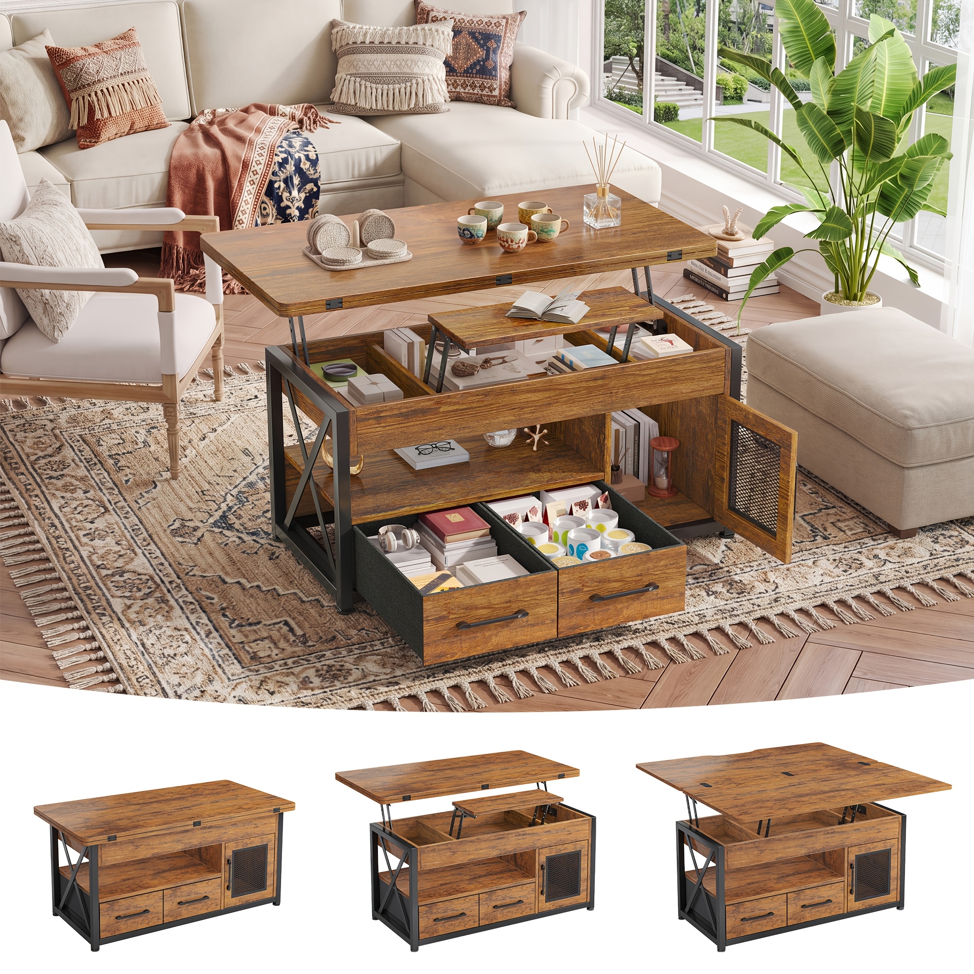 TEMU 39.4" Lift Top Coffee Table With 2 Fabric Drawers, Center Table With Led Lights And Storage Cabinet, Dining Table With Hidden Compartments For Living Room Dining Room, Black/grey/brown