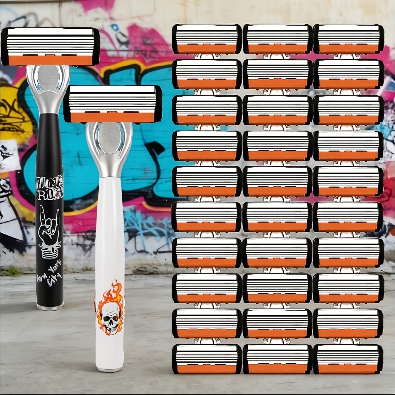 2 Trendy Graffiti Metal Handles With With Lubricating Strips For Smooth Sharp Shaving. Cost-effective Bulk Pack For Home Use, A Practical Gift For Men.