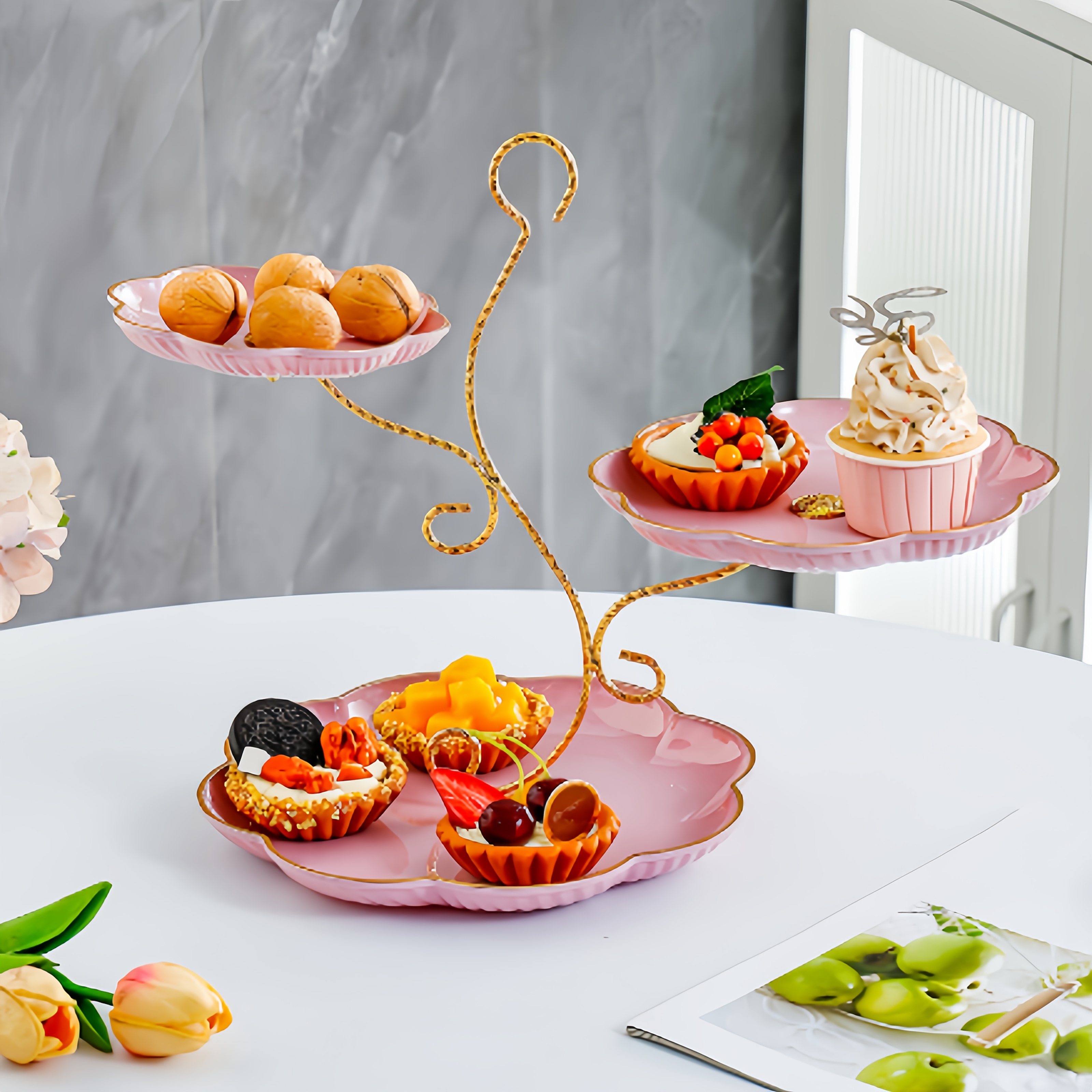 elegant tier pink serving tray golden accents ideal Temu Australia