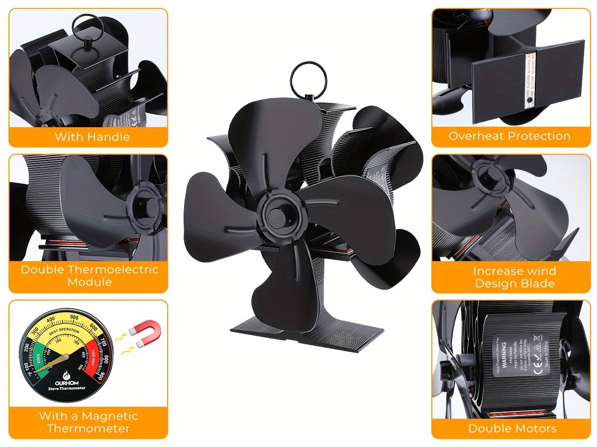 wood burning stove fan double sided fireplace fan   double sided 4 blade heat start fan quiet motor   stove fan for wood burning stove pellets firewood pushes airflow details 1