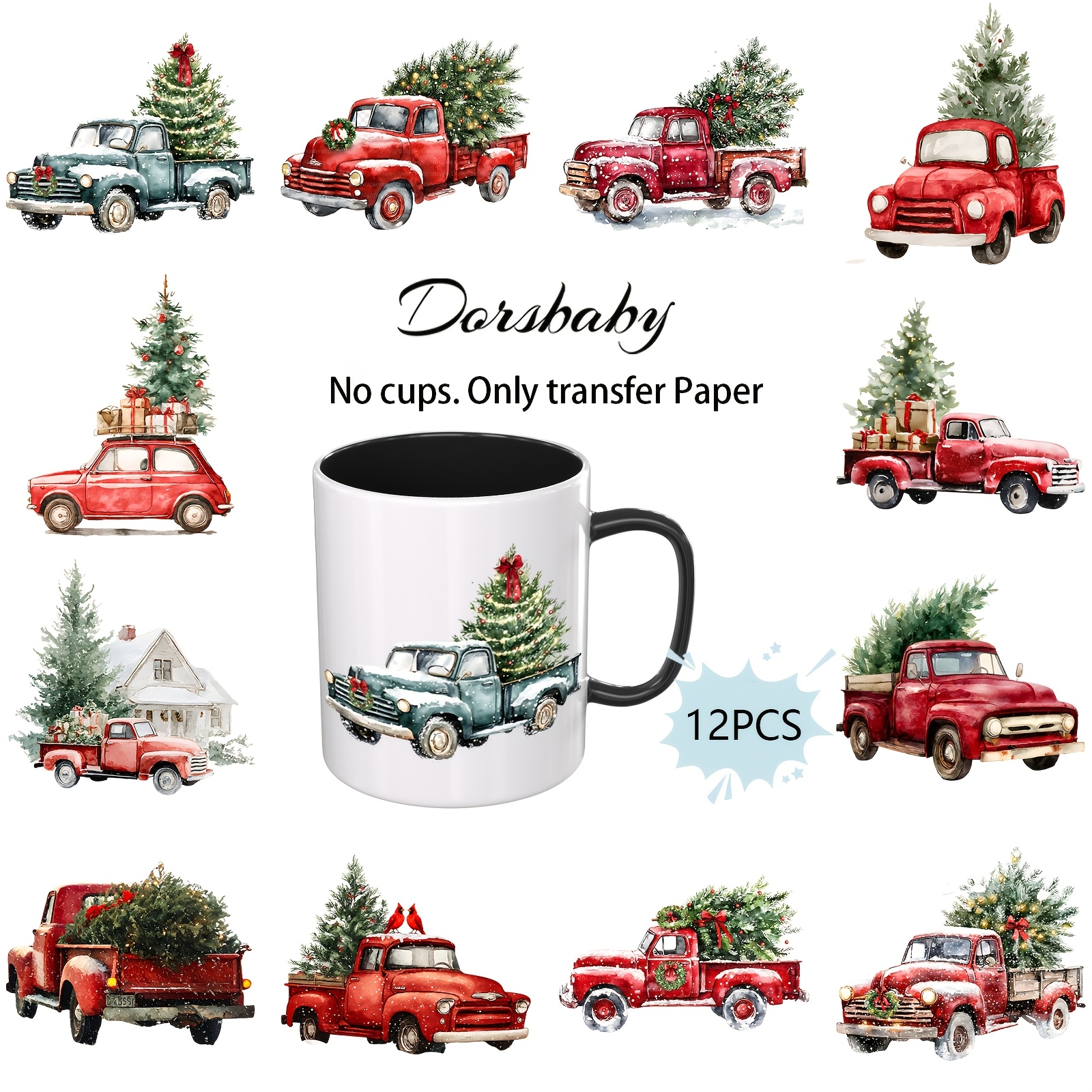 TEMU 12pcs Uv Dtf Rub-on Transfer, Pickup Truck Carrying Christmas Pattern For 16oz Glass Cans, Ceramic Mugs And Acrylic Keychains, Multi-surface