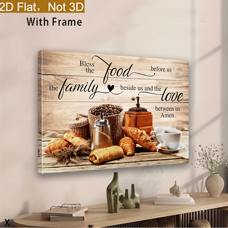 TEMU 2d Flat, 2d Flat 1pc Framed Canvas, Wooden Frame Decorative Poster With Effect, Christian Wall Art For Kitchen Wall Decor, Food Quote, Dining