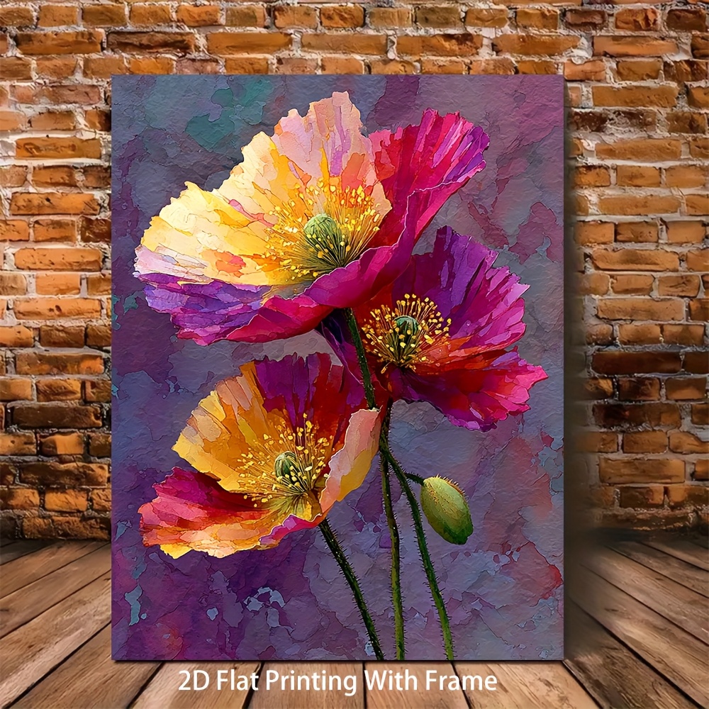 TEMU 1pc Framed Abstract Red Poppy Watercolor Wall Art Print - Large 12x16 Or 16x24 Inch Modern Poppies Painting, Framed Ready-to-hang Square Canvas